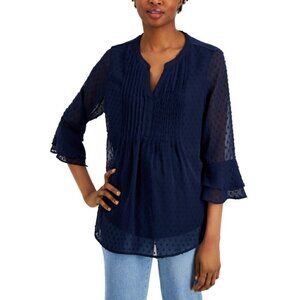 CHARTER CLUB Women's Textured Pintuck Navy Blue Chiffon Top NTW